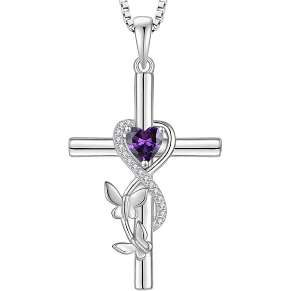 Sterling Silver Butterfly Cross Necklace with Amethyst for Women